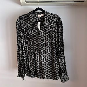 eri + ali black blouse with ivory print sz L